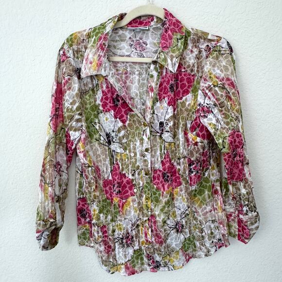 JM Collection Womens Button Blouse Top Size 10 Floral Sequin Flowy Feminine Pink - Picture 1 of 8